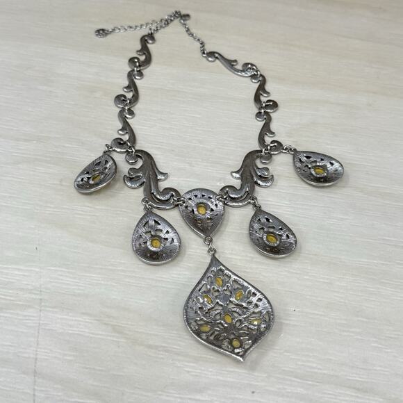 Vintage Monet Silver Tone Marcasite and Rhinestone Scroll Statement Necklace - Picture 10 of 10